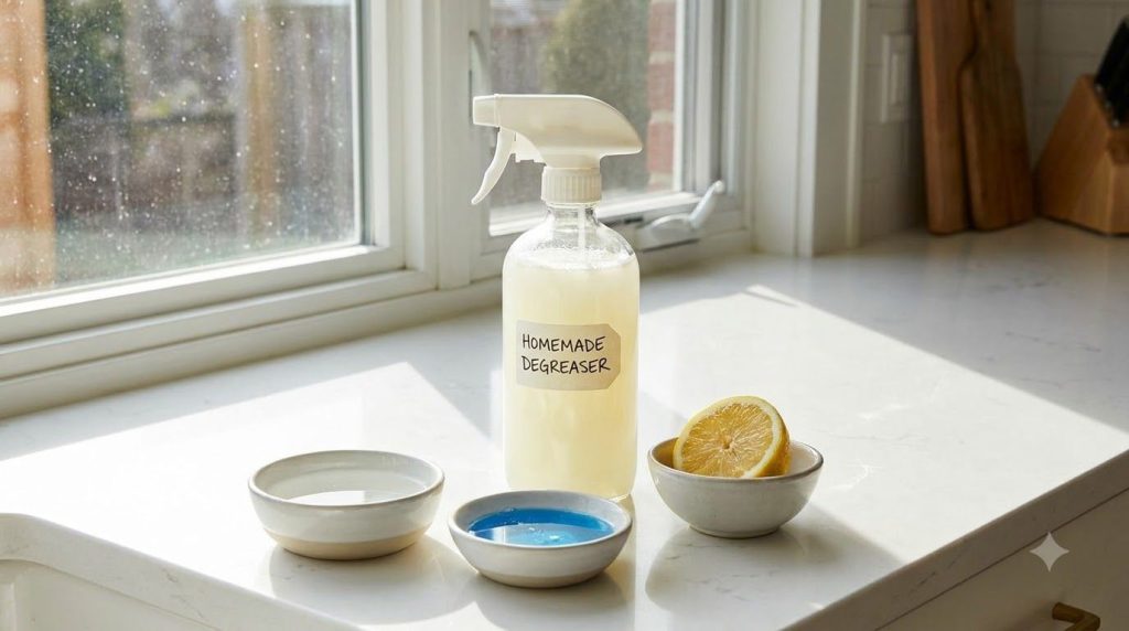A spray bottle filled with a homemade cleaning solution on a clean kitchen counter surrounded by ingredients like white 