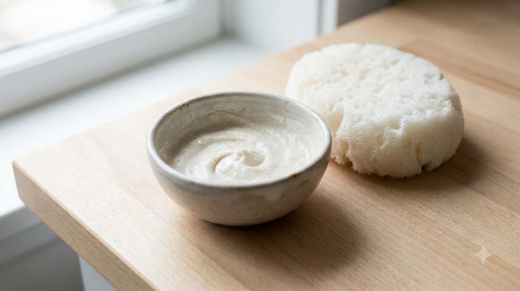 A small bowl containing a thick paste made of baking soda and water with a sponge nearby ready to be used for cleaning s
