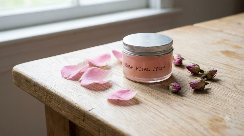 A small glass jar of rose-infused Vaseline on a wooden surface with fresh rose petals scattered around creating a gentle