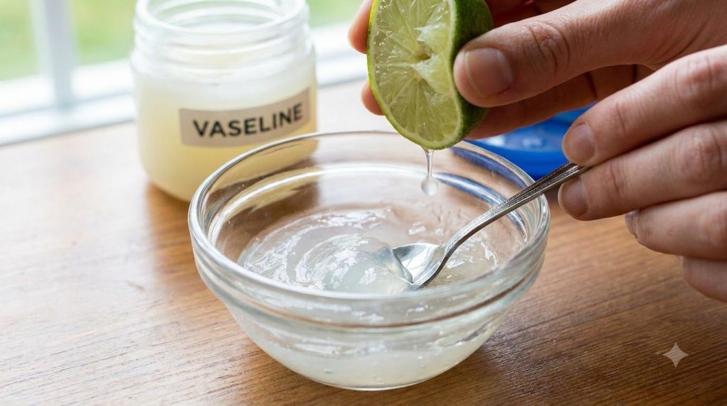 A close-up shot of a small bowl where Vaseline and a few drops of lime juice are being mixed with a spoon demonstrating 