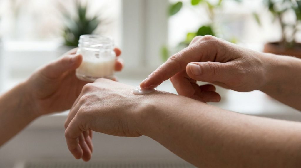 A hand applying a small amount of the Vaseline and lime mixture onto the back of another person s hand for a patch test 