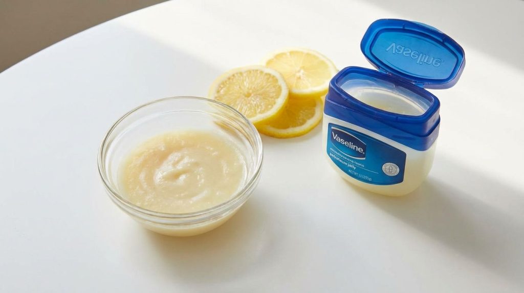 A mixture of Vaseline and lemon juice in a small dish with fresh lemons and a jar of Vaseline nearby