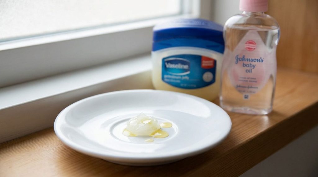 A small amount of Vaseline mixed with baby oil on a clean light surface with a jar of Vaseline and a bottle of baby oil