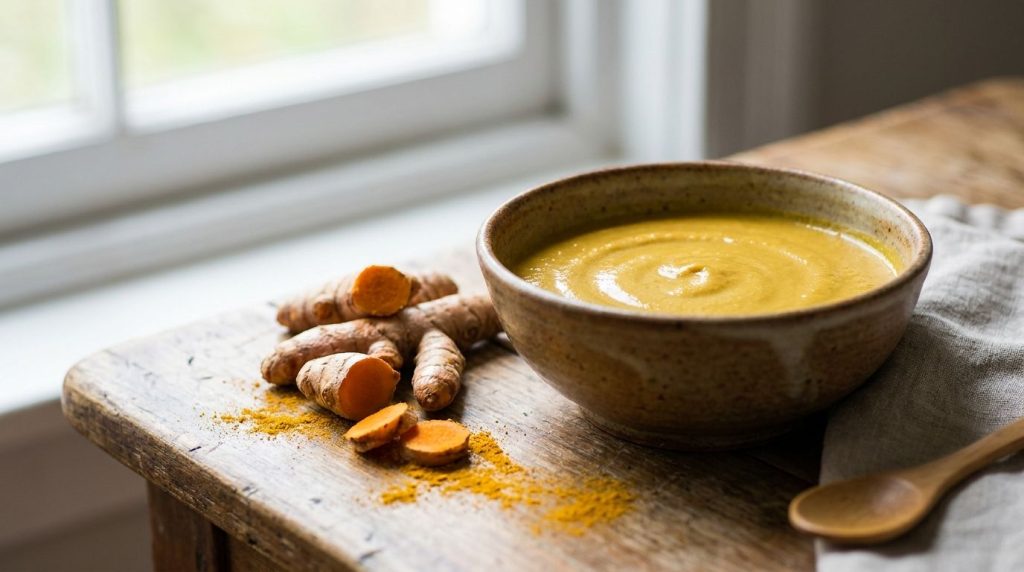 A bowl with a yellow paste of Vaseline and turmeric with turmeric powder and roots next to it