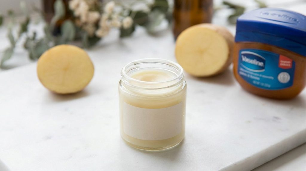 A small jar containing a yellowish mixture for dark spots with a cut potato and a jar of Vaseline in the background