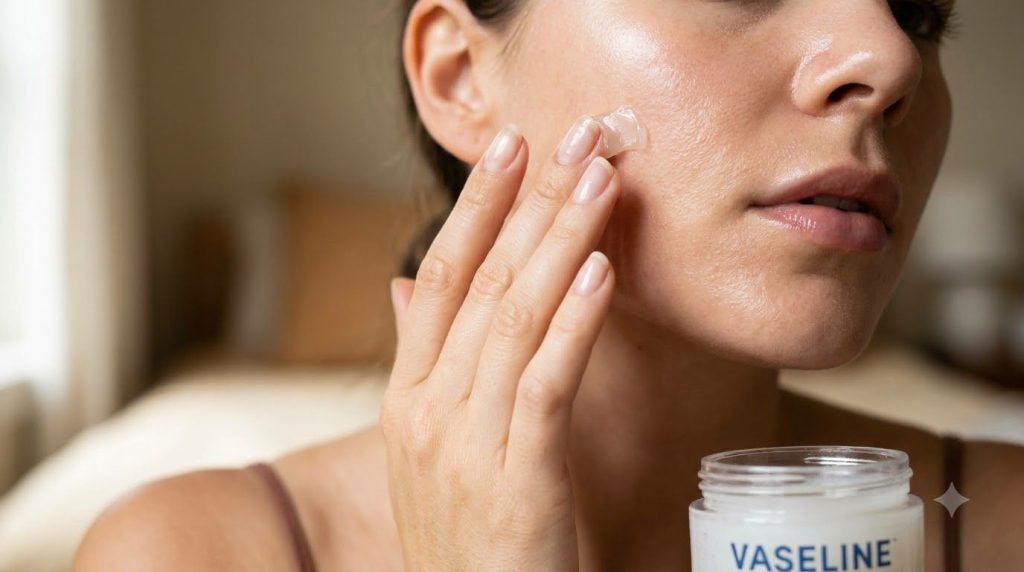 Close-up shot of a woman s hand gently applying a thin layer of Vaseline to her clean glowing face illustrating the fina