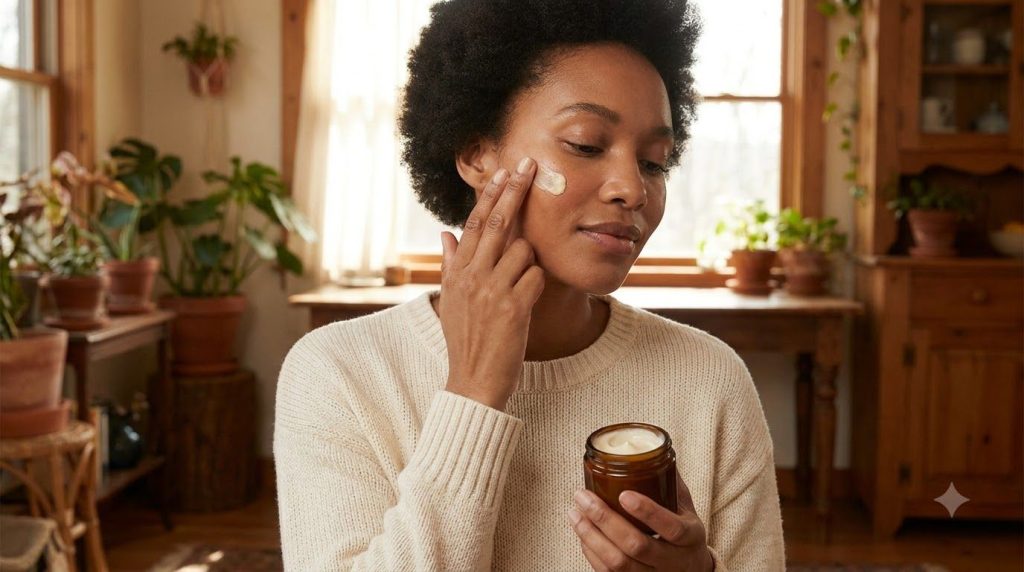 A woman gently applying a small amount of cream to her face focusing on her cheekbone with a soft glowing complexion