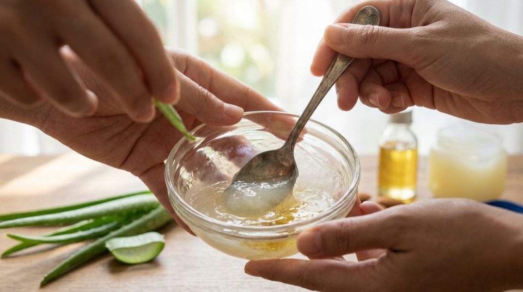 Hands mixing petroleum jelly aloe vera gel and almond oil in a small glass bowl with a spoon showing the creamy texture