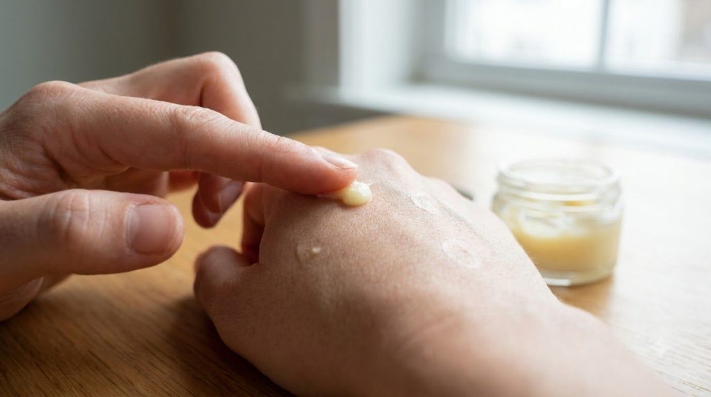 Close-up of a finger gently dabbing a tiny amount of the mixed Vaseline and lime paste onto a small area of skin on the 