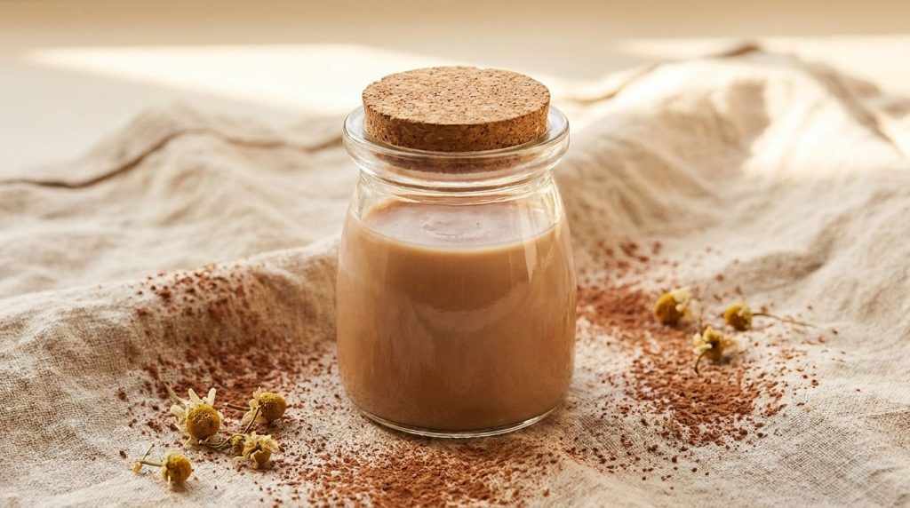 A small elegant glass jar filled with a solidified light brown homemade night balm placed on a soft cloth with some coco