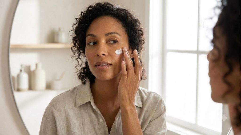 A woman gently applying a small amount of the homemade cream to her cheek showing smooth glowing skin