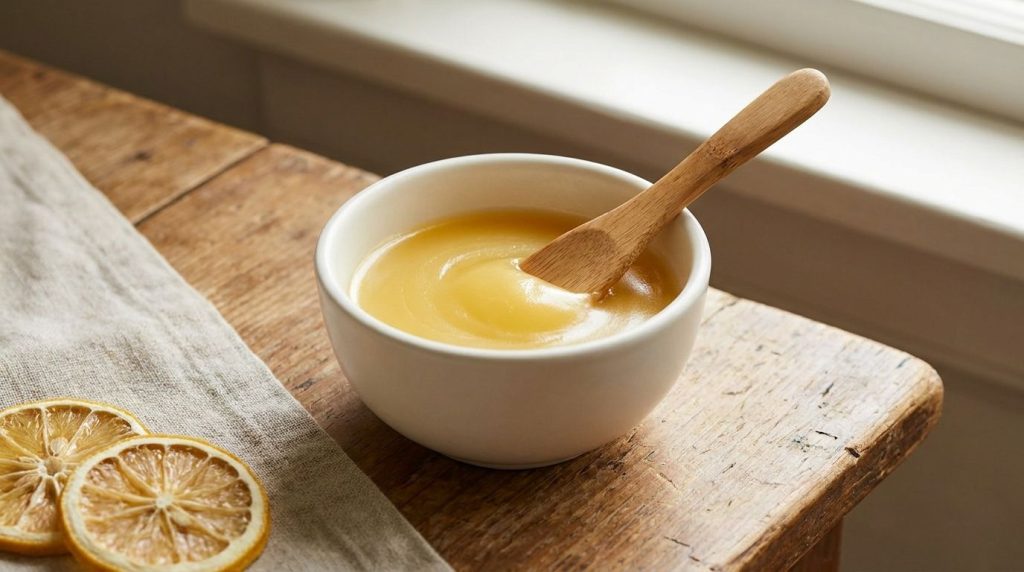 A close-up of a small clean white bowl containing a smooth consistent golden balm made from Vaseline turmeric and lemon 
