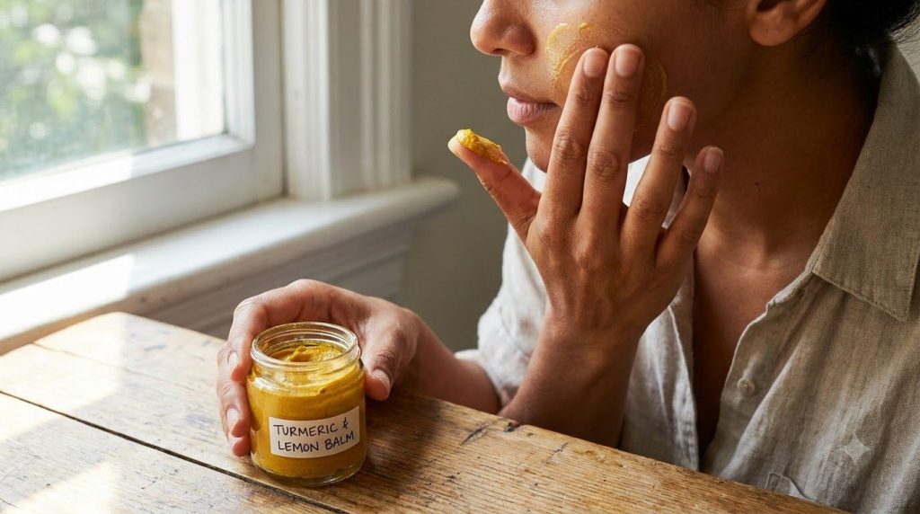 A small glass jar containing the golden Vaseline turmeric and lemon mask with a person gently applying a thin layer to t