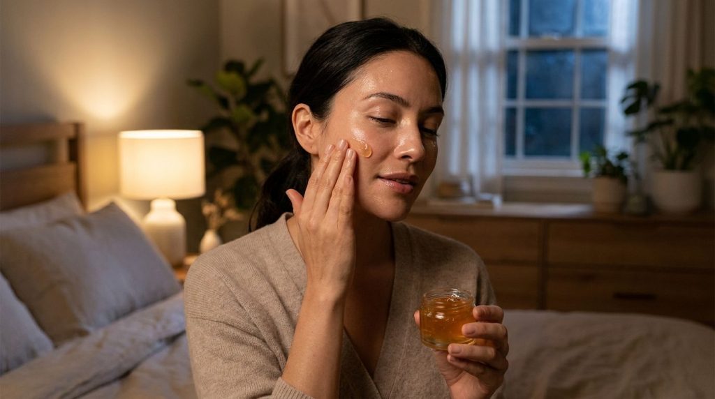 A woman gently applying a small amount of the DIY Collagen Night Gel to her face before bed showing a radiant healthy co