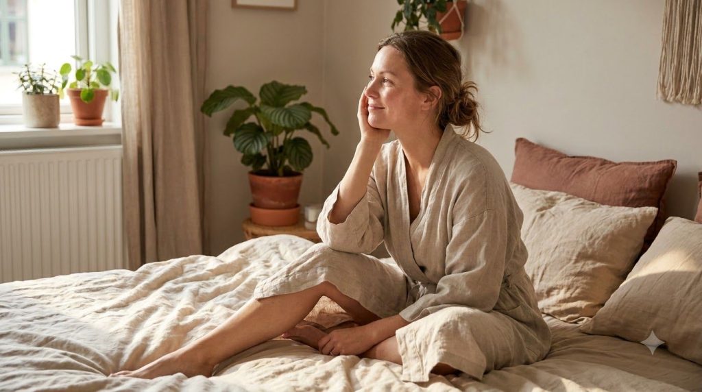 A woman waking up in bed touching her radiant glowing skin with a satisfied smile
