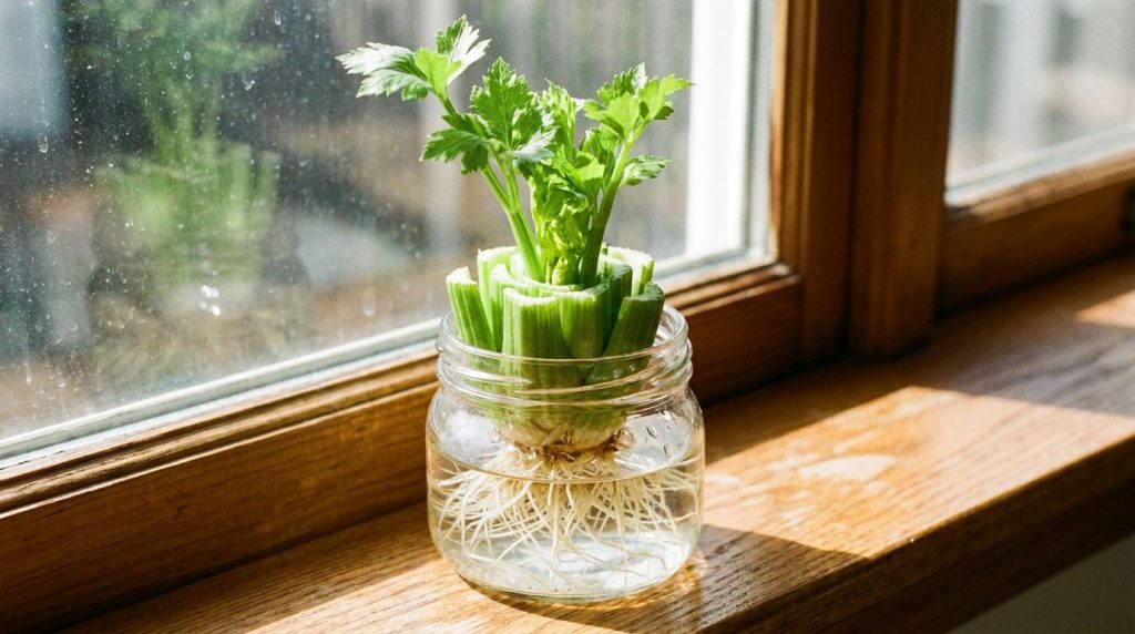 A celery base sprouting new green shoots and roots in a clear glass of water on a sunny windowsill