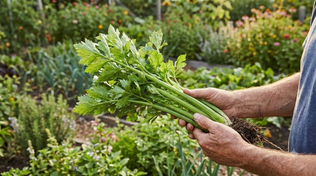 Freshly harvested celery stalks being held by hands against a backdrop of a lush green garden