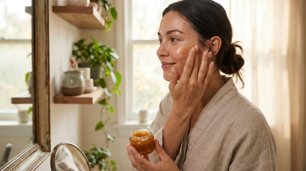 A woman gently applying a homemade skin smoothie to her cheek looking refreshed and happy with a soft glow on her face