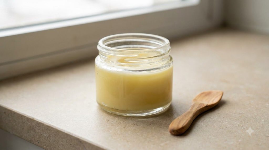 A small clear glass jar filled with the finished creamy overnight balm perhaps with a label or a small spatula resting b