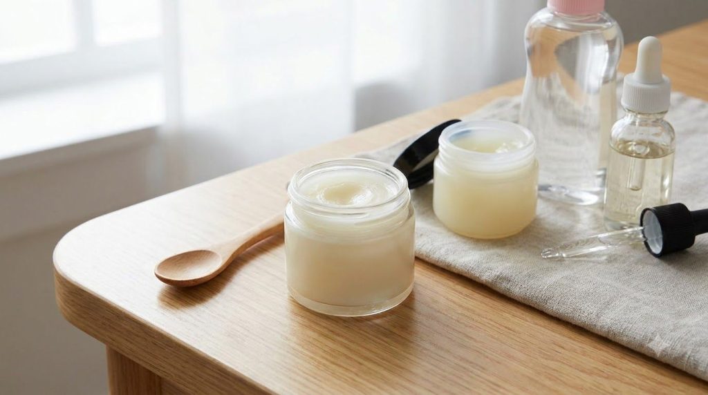 A small glass jar containing the finished night balm a mixture of Vaseline Johnson s baby oil and hyaluronic acid gel wi
