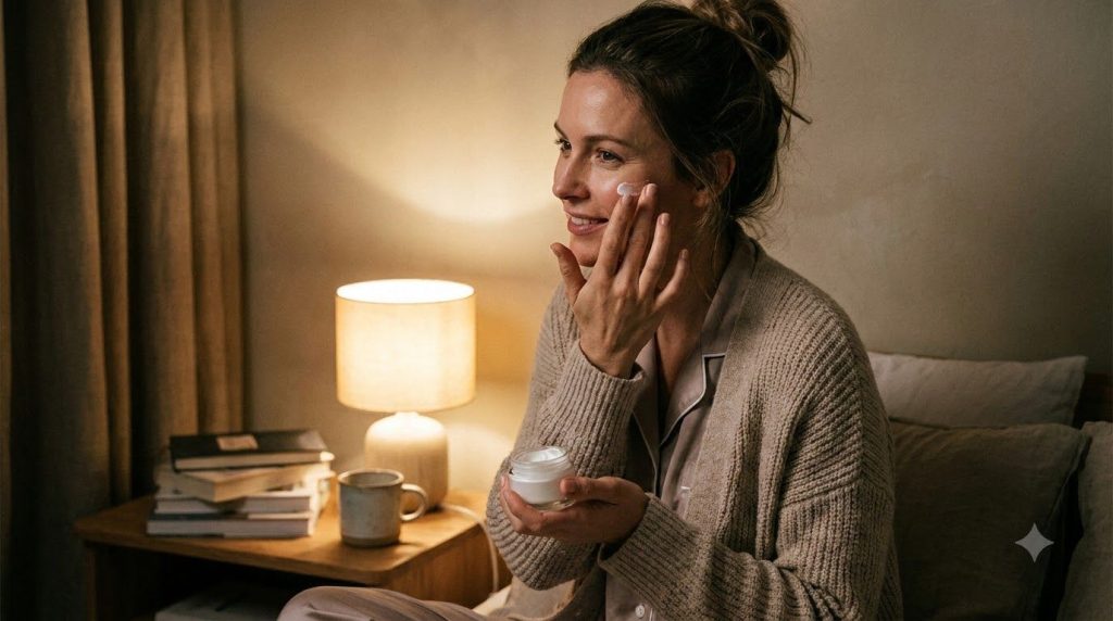 A woman gently applying the homemade balm to her face before bed looking serene and happy in a softly lit bedroom