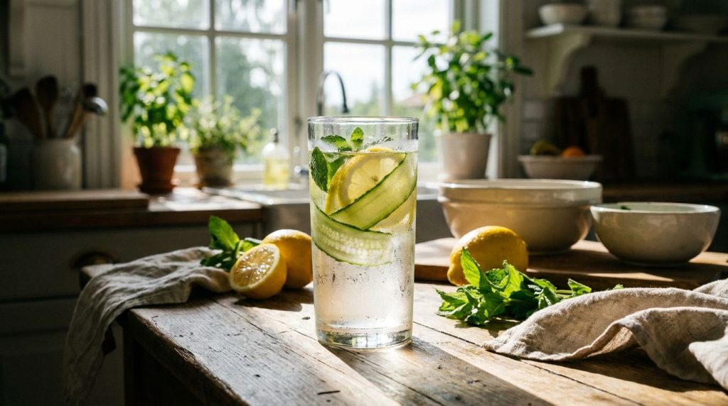 A vibrant and refreshing glass of fruit-infused water with slices of lemon cucumber and mint leaves in a bright kitchen 
