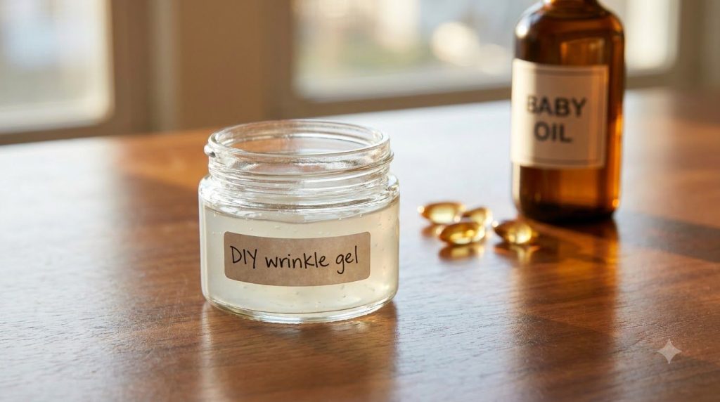 A small glass jar filled with the freshly mixed DIY wrinkle-fighting gel with a few Vitamin E capsules and a bottle of b