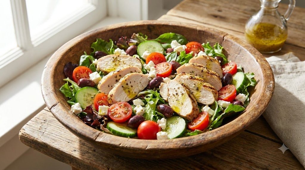 A vibrant Mediterranean salad in a bowl with grilled chicken mixed greens tomatoes cucumbers olives and feta cheese with