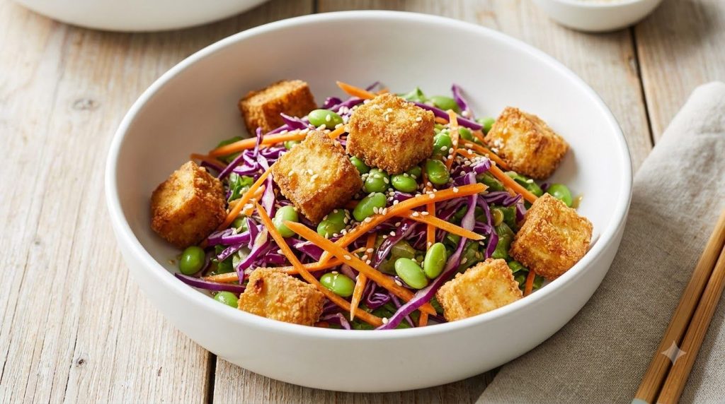 A colorful Asian-inspired salad with crispy tofu shredded vegetables like cabbage and carrots edamame and sesame seeds s