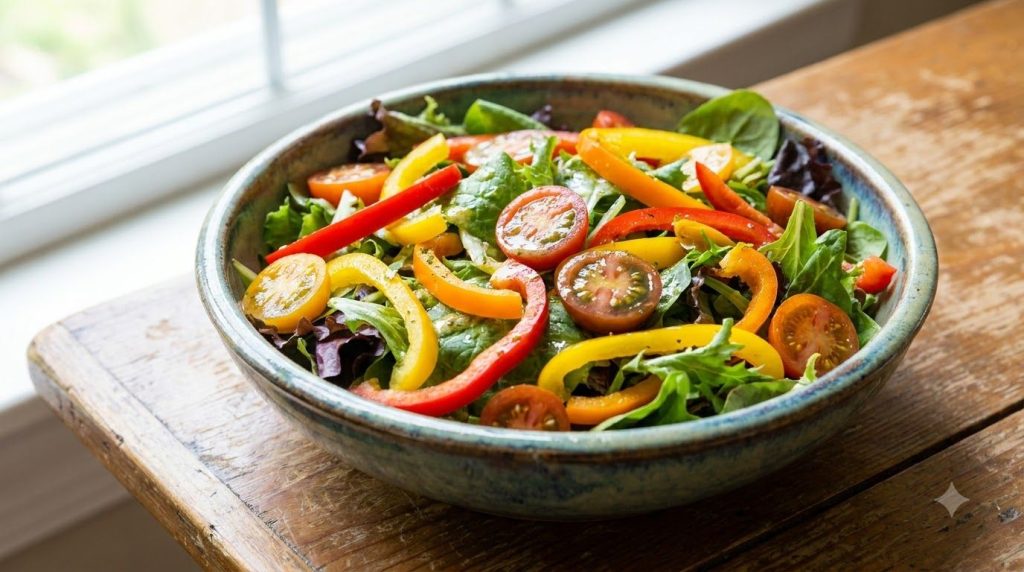 A close-up of a colorful fresh salad in a bowl with a light dressing showing mixed greens various vegetables and some pr