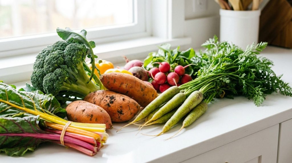 A variety of fresh colorful vegetables like broccoli sweet potatoes and carrots ready to be prepared for a salad laid ou