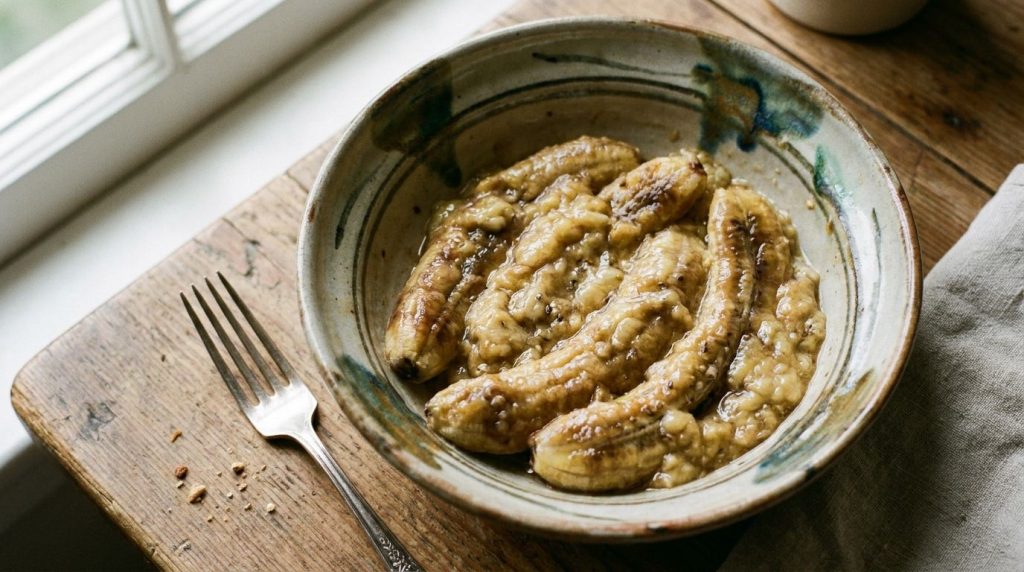 A close-up of mashed ripe bananas in a bowl with a fork ready to be added to banana bread batter