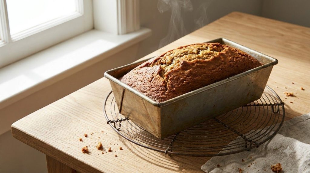A freshly baked golden-brown banana bread loaf in a pan cooling on a wire rack