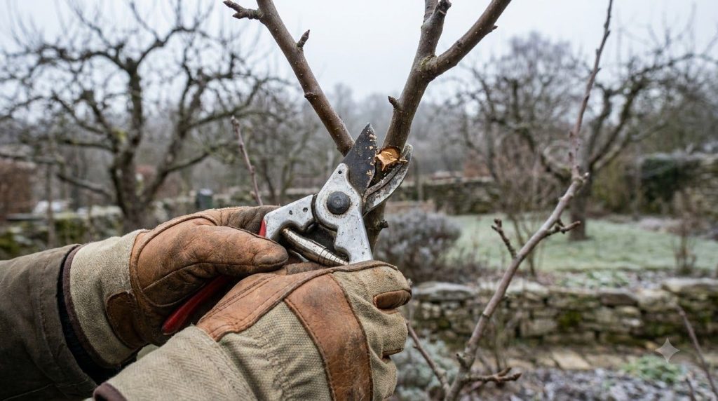 A gardener wearing gloves and safety glasses using sharp bypass pruners to make a clean cut on a dormant fruit tree bran