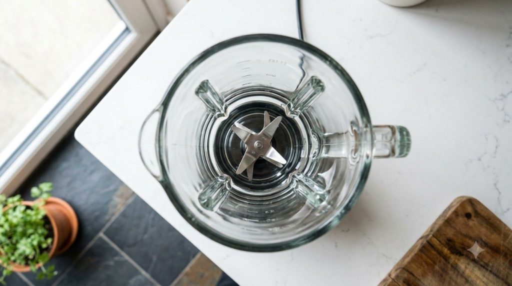 An empty glass blender jar with stainless steel blades on a clean white kitchen countertop