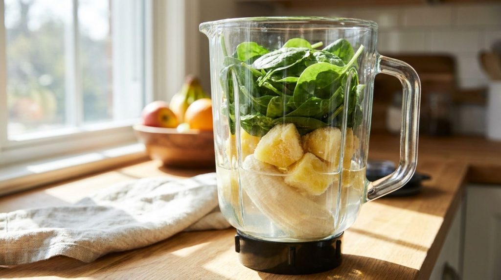 All tropical green smoothie ingredients including spinach pineapple and banana layered inside a blender jar ready to be 