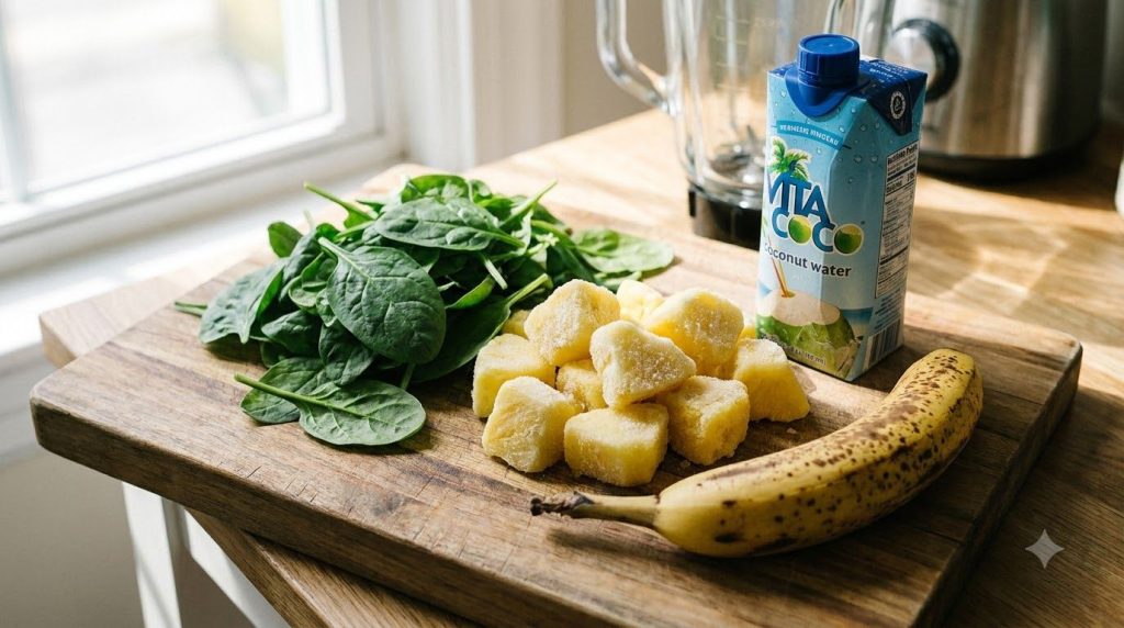 Fresh spinach frozen pineapple a banana and a carton of coconut water laid out on a cutting board ready for a tropical g