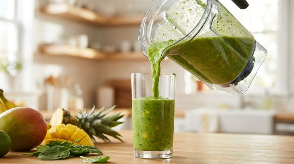 A vibrant green tropical smoothie being poured from a blender into a tall glass showing its smooth thick texture