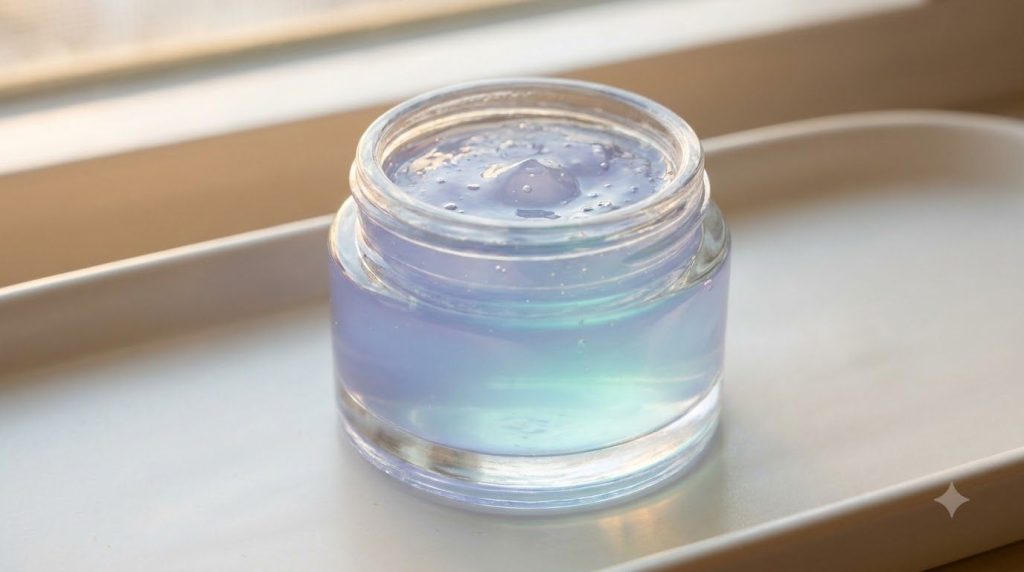 A small clear glass jar of solidified DIY Midnight Glow Jelly with a soft dewy texture placed on a clean white surface w