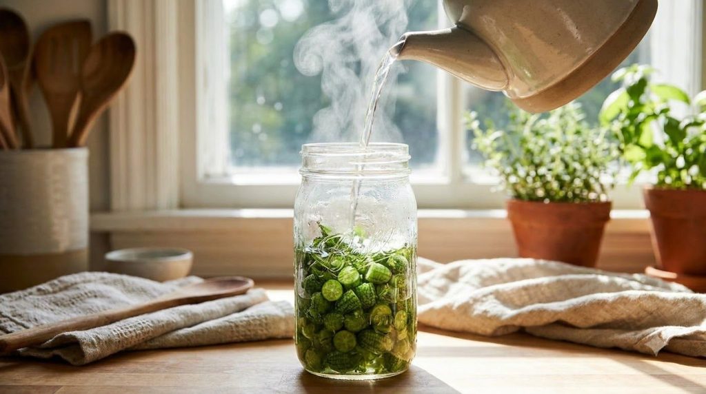 A clear glass jar filled with green chopped Melothria scabra fruits and leaves with hot water being poured over them for