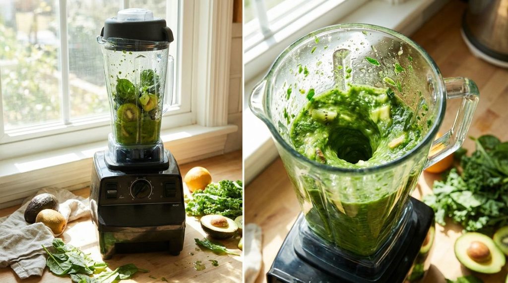 A blender filled with green smoothie ingredients half-blended showing the movement of the blades
