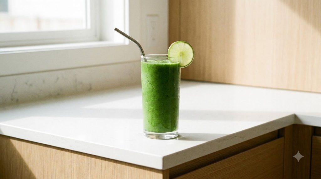 A tall glass of vibrant green smoothie with a straw garnished with a lime slice on a bright kitchen counter