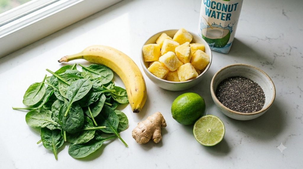 All ingredients for a green smoothie laid out on a kitchen counter spinach banana pineapple ginger lime chia seeds and c