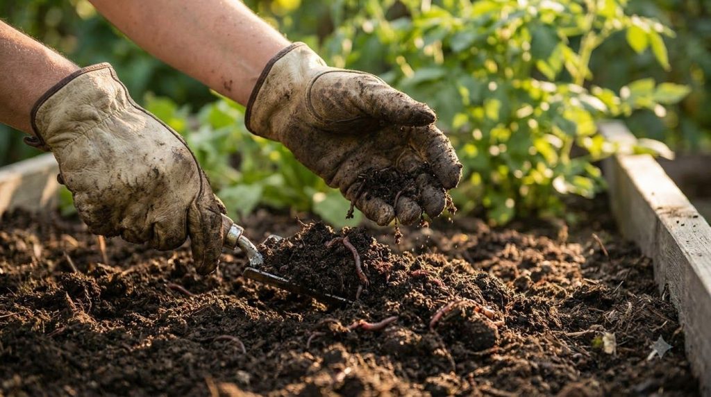 Close-up of hands mixing rich dark garden soil with compost showing healthy soil texture ready for planting fall vegetab