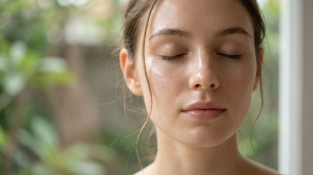 A woman s face with radiant glass skin glowing under soft natural light