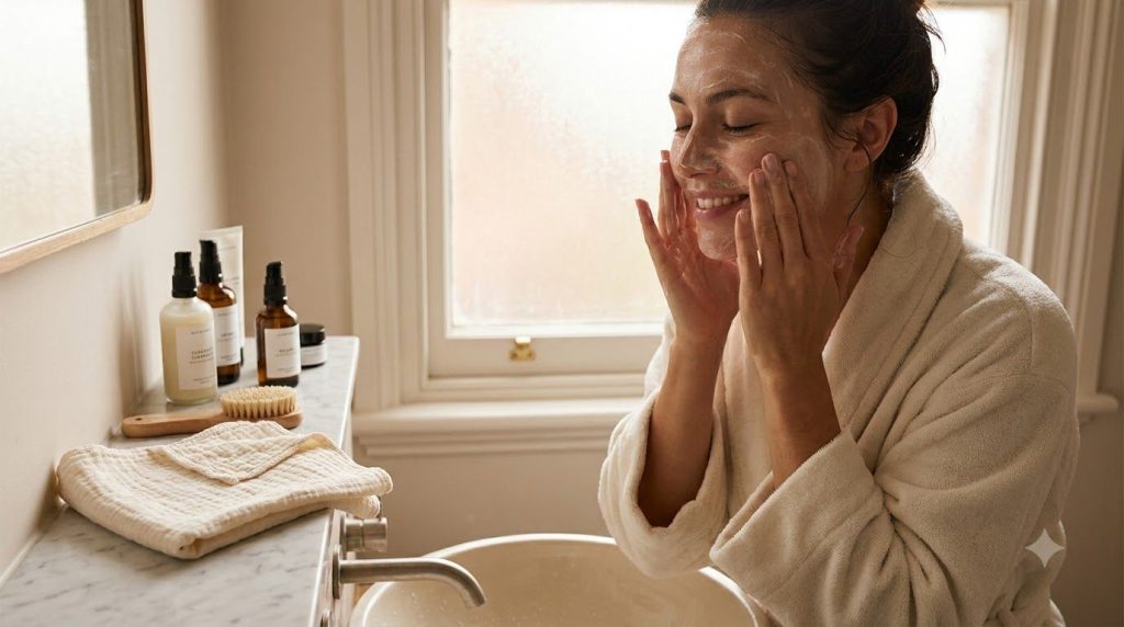 A woman gently cleansing her face in a softly lit bathroom demonstrating the first step of a nighttime skincare routine
