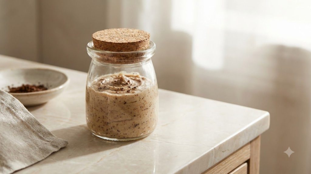 A small elegant jar of the finished homemade coffee and Vaseline under eye cream on a vanity with soft light