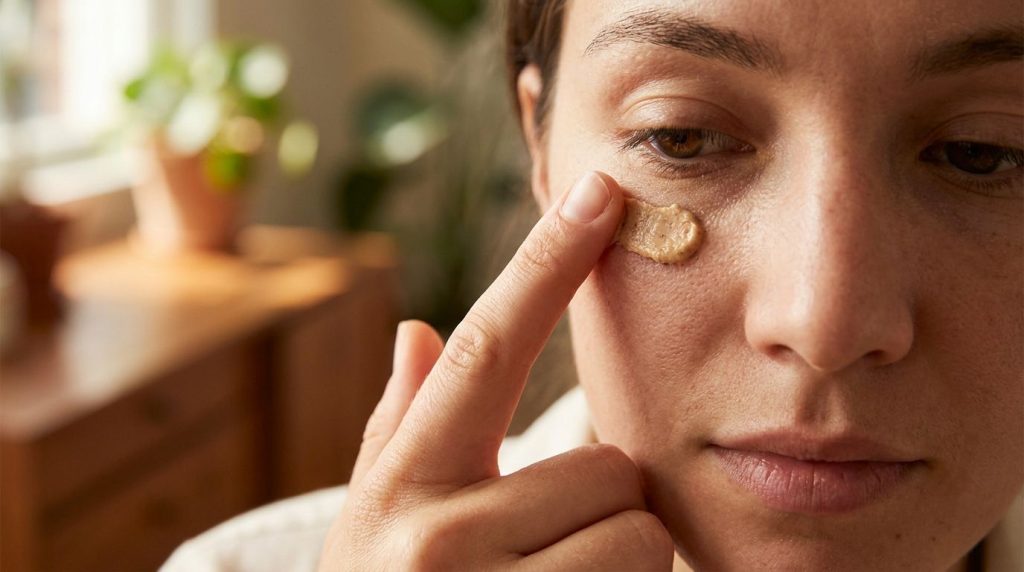 A person s finger gently applying a small amount of the homemade coffee and Vaseline eye cream under their eye