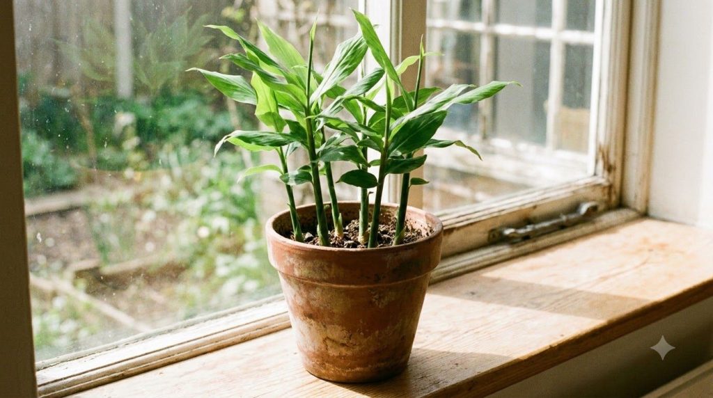 A potted ginger plant with vibrant green shoots emerging from the soil growing in a terracotta pot in a sunny indoor set