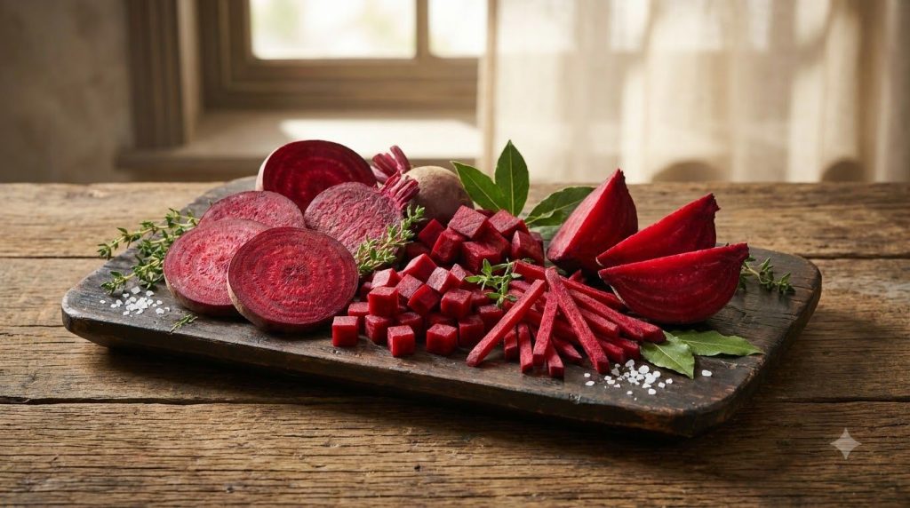A collection of sliced beetroots demonstrating different cuts rounds cubes matchsticks and wedges arranged neatly on a p